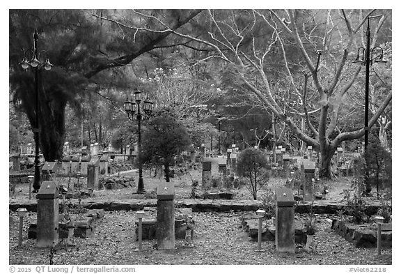 Graves, Hang Duong Cemetery. Con Dao Islands, Vietnam (black and white)