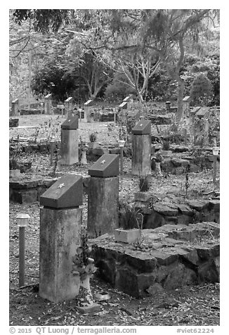 Unmarked graves, Hang Duong memorial cemetery. Con Dao Islands, Vietnam (black and white)