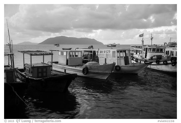 Fishing boats, early morning, Con Son harbor. Con Dao Islands, Vietnam (black and white)