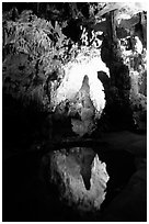 Cave formations reflected in a pond, lower cave, Phong Nha Cave. Vietnam (black and white)