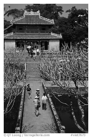Alley and pavilion inside the Minh Mang Mausoleum. Hue, Vietnam (black and white)