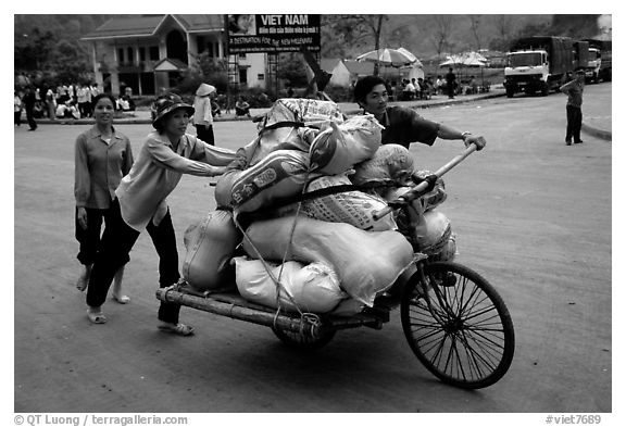 Bicyle loaded with goods at the border crossing with China at Dong Dang. Lang Son, Northest Vietnam (black and white)
