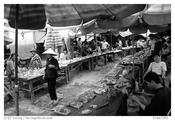 Meat for sale, That Khe market. Northest Vietnam (black and white)