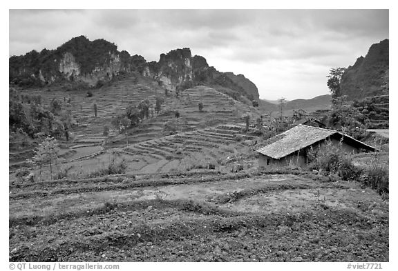 Fields, homes, and peaks, Ma Phuoc Pass area. Northeast Vietnam (black and white)
