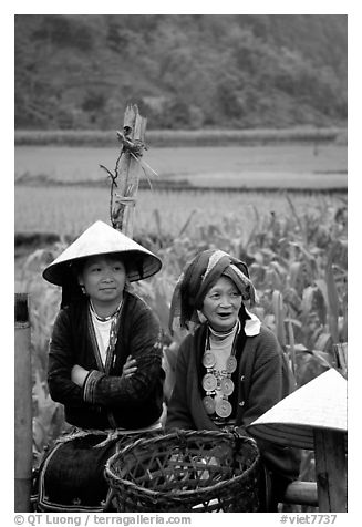 Hilltribeswomen with traditional necklace. Northeast Vietnam (black and white)