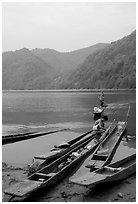 Typical dugout boats on the shore of Ba Be Lake. Northeast Vietnam (black and white)