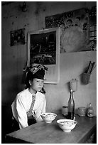 Thai woman in a restaurant, Tuan Chau. Northwest Vietnam (black and white)