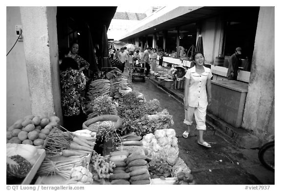 Vegetables for sale in an alley of the Ben Than Market. Ho Chi Minh City, Vietnam (black and white)