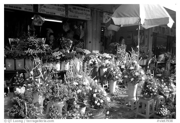 Flowers for sale outside the Ben Than Market. Ho Chi Minh City, Vietnam (black and white)