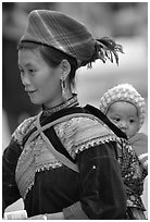Young Flower Hmong woman and baby. Bac Ha, Vietnam (black and white)