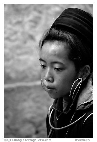 Black Hmong girl in everyday ethnic dress, Sapa. Vietnam (black and white)