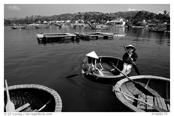 Circular basket boats, typical of the central coast, Nha Trang. Vietnam (black and white)