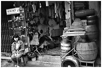 Traditional musical instruments for sale, old quarter. Hanoi, Vietnam (black and white)