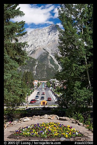 Banff Avenue seen from Cascade Gardens, mid-day. Banff National Park, Canadian Rockies, Alberta, Canada (color)