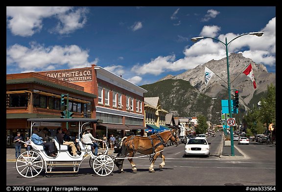 Horse carriage on Banff avenue. Banff National Park, Canadian Rockies, Alberta, Canada