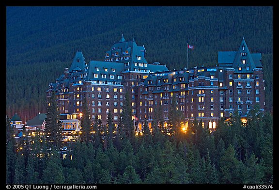 Banff Springs Hotel at dusk. Banff National Park, Canadian Rockies, Alberta, Canada (color)