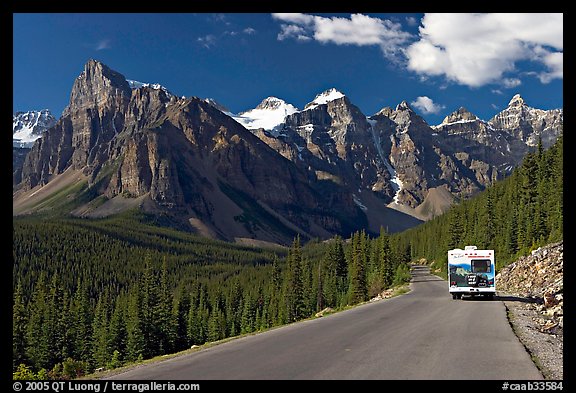 RV on the road to the Valley of Ten Peaks. Banff National Park, Canadian Rockies, Alberta, Canada