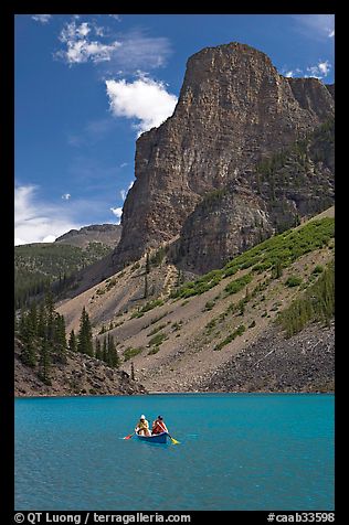 Canoe on Moraine Lake, afternoon. Banff National Park, Canadian Rockies, Alberta, Canada (color)