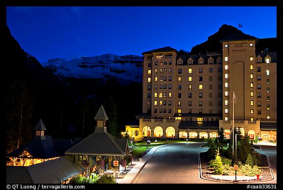 Chateau Lake Louise at night, with Victoria Peak looming behind. Banff National Park, Canadian Rockies, Alberta, Canada (color)