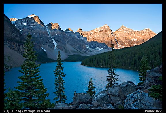 Wenkchemna Peaks above Moraine Lake, sunrise. Banff National Park, Canadian Rockies, Alberta, Canada (color)