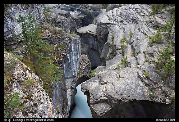 Narrow slot cut in limestone rock by river, Mistaya Canyon. Banff National Park, Canadian Rockies, Alberta, Canada (color)