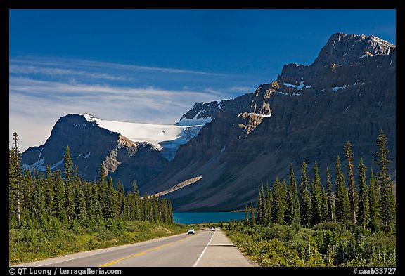 Road, Bow Lake, and Crowfoot Glacier, Icefieds Parkway. Banff National Park, Canadian Rockies, Alberta, Canada (color)