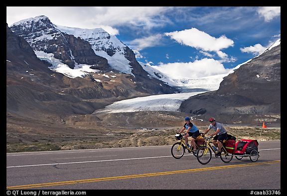 Cyclists on the Icefields Parkway in front of the Athabasca Glacier. Jasper National Park, Canadian Rockies, Alberta, Canada
