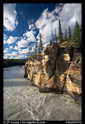 Athabasca River and cliff, late afternoon. Jasper National Park, Canadian Rockies, Alberta, Canada