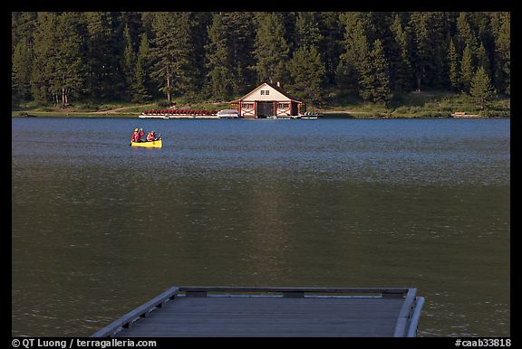 Dock, canoe, and boathouse, Maligne Lake. Jasper National Park, Canadian Rockies, Alberta, Canada