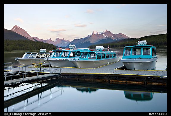 Tour boat dock, Maligne Lake, sunset. Jasper National Park, Canadian Rockies, Alberta, Canada