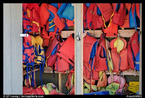 Lifejackets in Cameron Lake boathouse. Waterton Lakes National Park, Alberta, Canada (color)