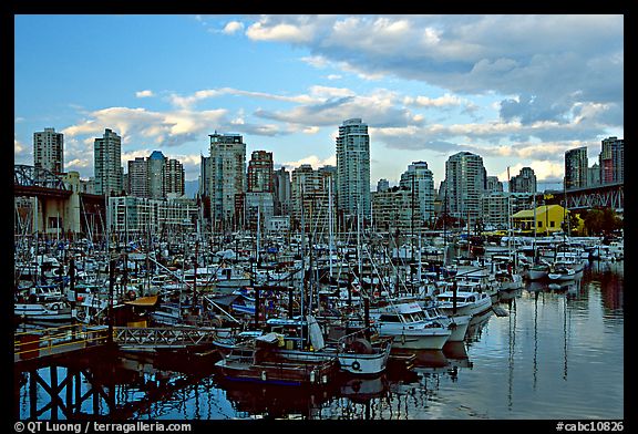 Skyline and small boat harbor. Vancouver, British Columbia, Canada (color)