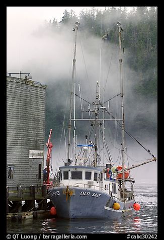 Commercial fishing boat and fog, Tofino. Vancouver Island, British Columbia, Canada