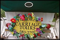 License plate of horse carriage car with flowers. Victoria, British Columbia, Canada
