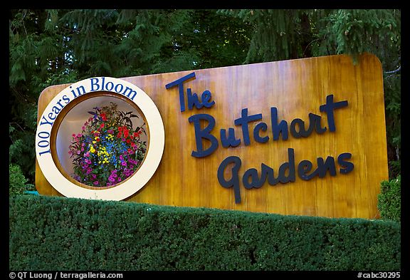 Entrance sign of Butchard Gardens. Butchart Gardens, Victoria, British Columbia, Canada (color)