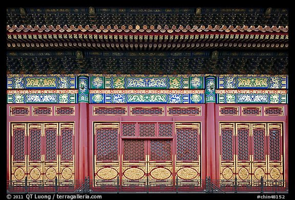 Facade detail in the back of the Hall of Preserving Harmony, Forbidden City. Beijing, China (color)