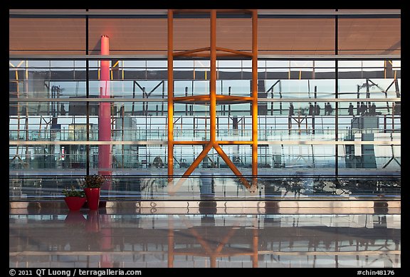 Reflections in glass and marble, Capital International Airport. Beijing, China (color)