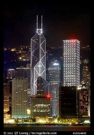 Bank of China (369m) and Cheung Kong Center (290m) buildings  across  harbor by night. Hong-Kong, China (color)