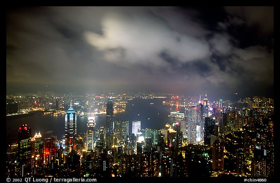 Skycrapers from Victoria Peak at night. Hong-Kong, China (color)