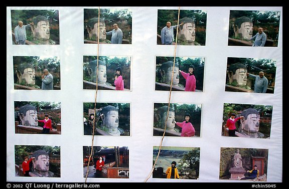 Pictures of Chinese tourists having fun with the Grand Buddha. Leshan, Sichuan, China