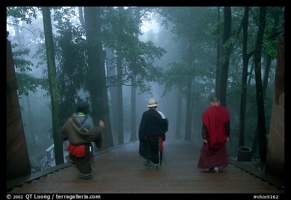 Pilgrims descend a staircase in the fog beneath Wannian Si. Emei Shan, Sichuan, China (color)