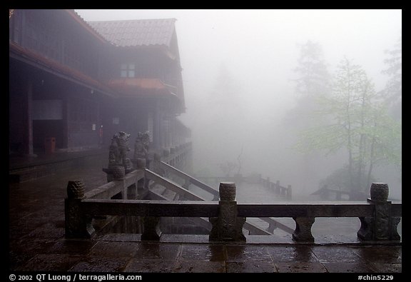 Xiangfeng temple in fog. Emei Shan, Sichuan, China