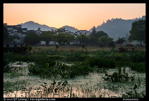 Pond and village at sunrise. Xidi Village, Anhui, China