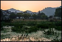 Pond and village at sunrise. Xidi Village, Anhui, China