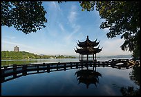 Long Bridge, pavilion, and Leifeng Pagoda, West Lake. Hangzhou, China