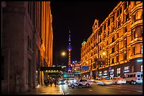 Colonial buildings and Oriental Pearl Tower at night. Shanghai, China ( color)