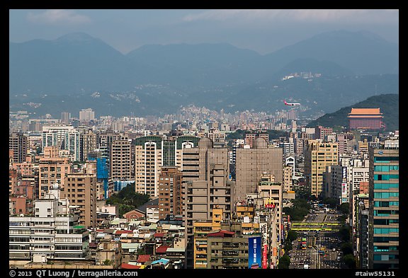 Old town center with jetliner and Grand Hotel in distance. Taipei, Taiwan