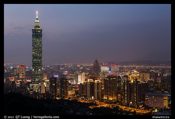 City skyline at dusk with Taipei 101 tower. Taipei, Taiwan (color)