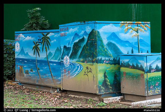 Decorated electric utilities boxes and wall. Taipei, Taiwan (color)