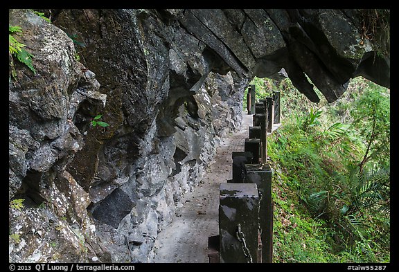 Narrow trail under rock overhang, Taroko Gorge. Taroko National Park, Taiwan